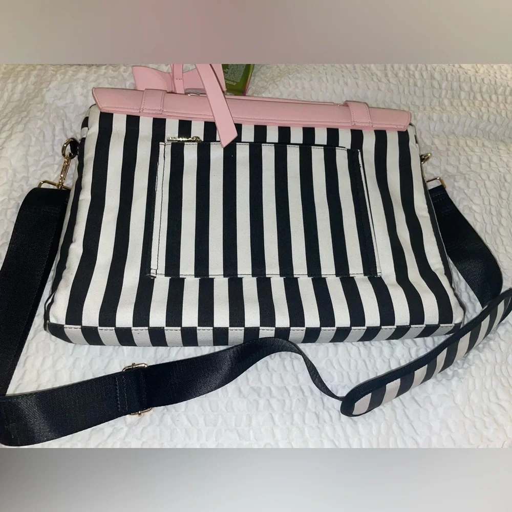 Womens laptop bag w/Pink Bow Top-Handle Satchel with Black & White Stripes